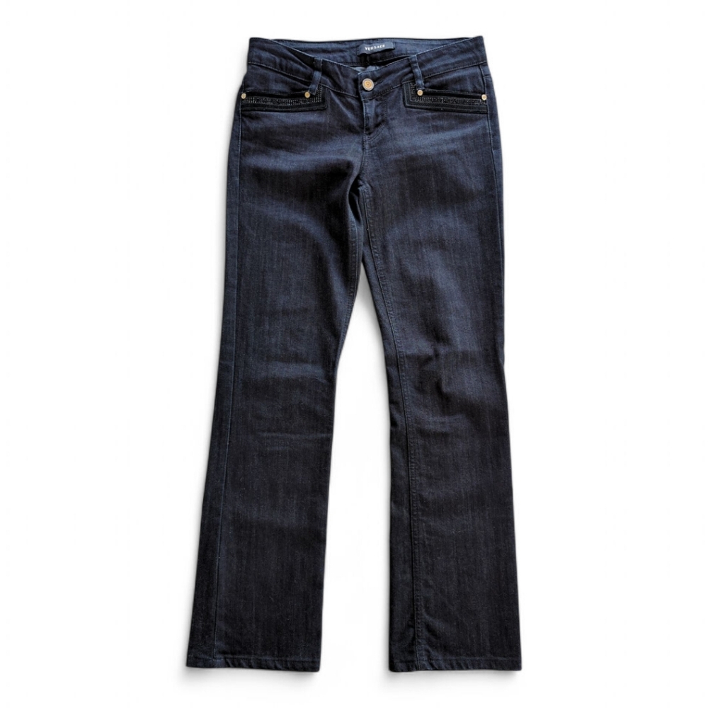 Versace Low Rise Straight Slim Jeans Women's Sz 27 Embellished Pocket‎ Dark Wash